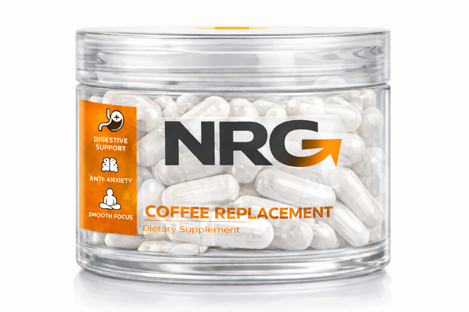 NRG Coffee Replacement Dietary Supplement bottle with white capsules